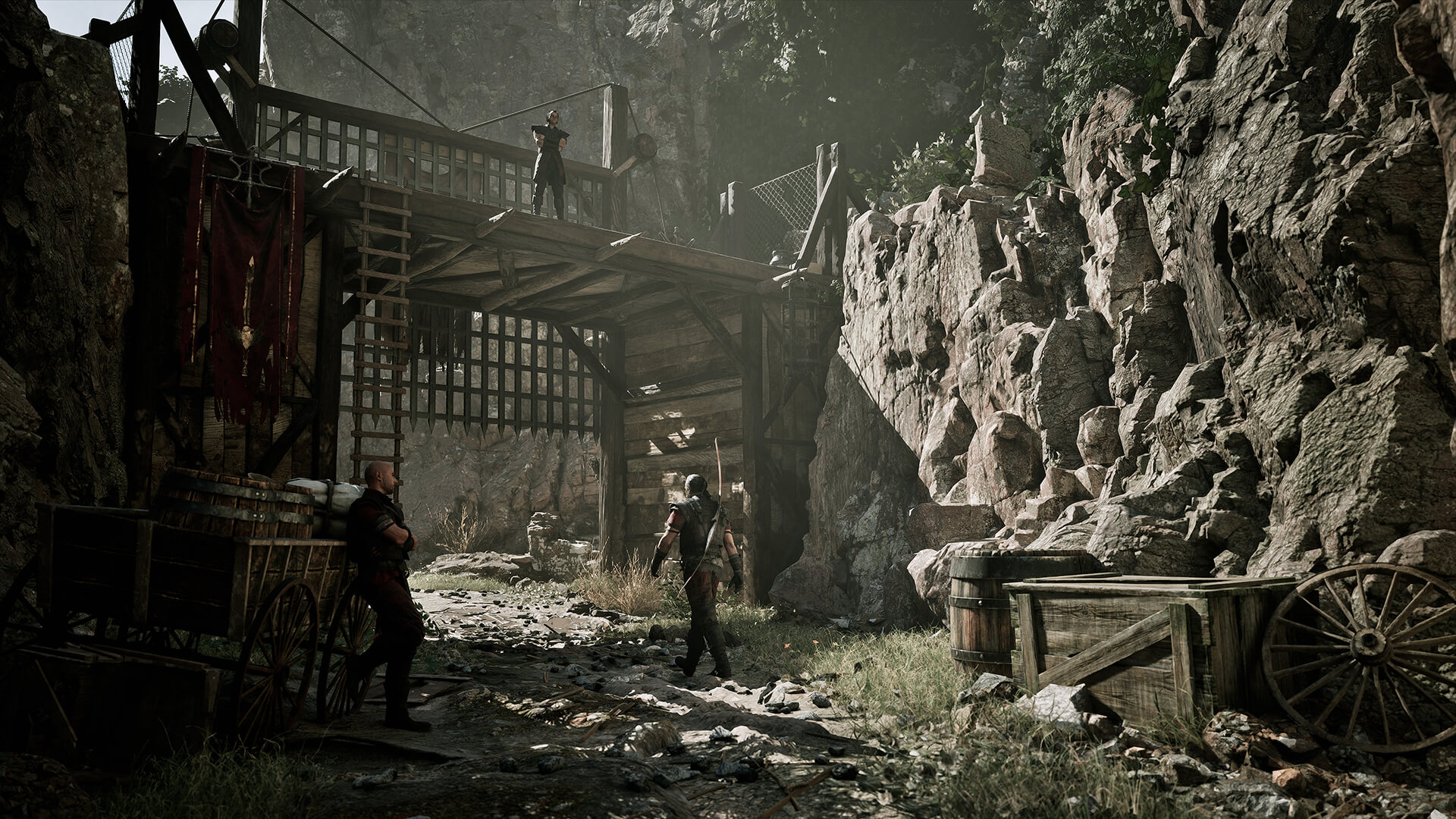 A guarded gate and rocky path in Gothic 1 Remake